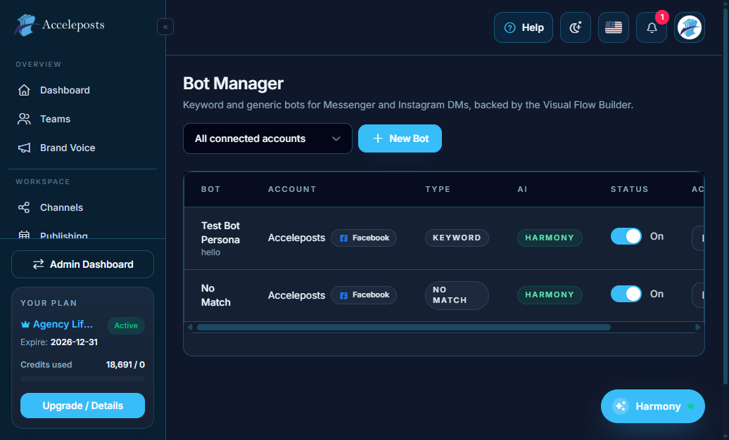 Bots list screen in Bot Manager