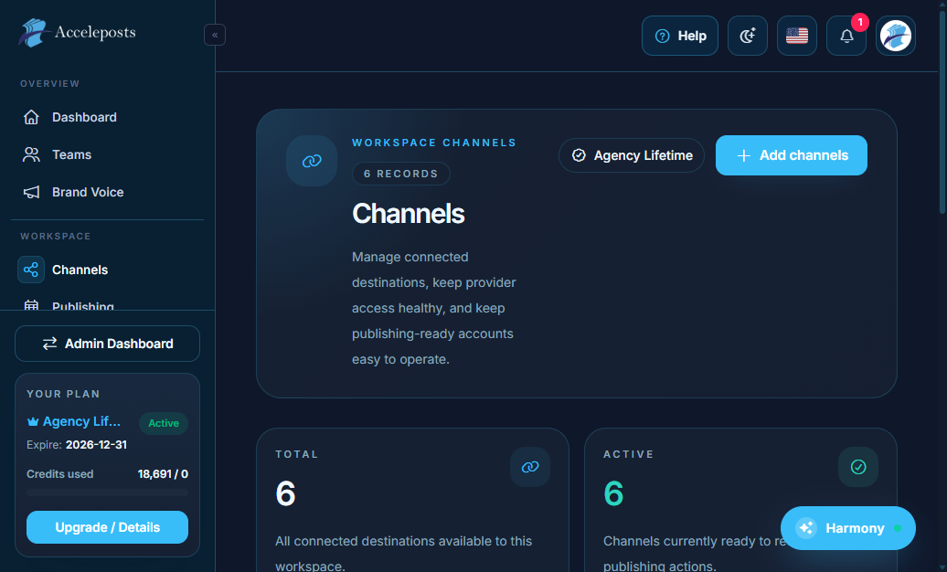 Channels connection management screen