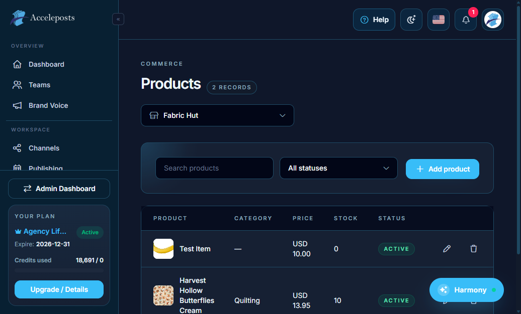 Products screen in Commerce