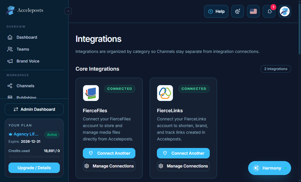 Integrations overview screen